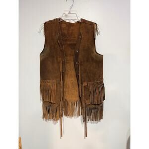 Vintage 60s/70s Boho/Western Brown Genuine Suede Leather Fringe Vest w/Pockets M